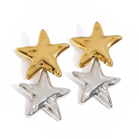 Two Tone Large Double Star Dangling Earrings - Pair - Stainless Steel