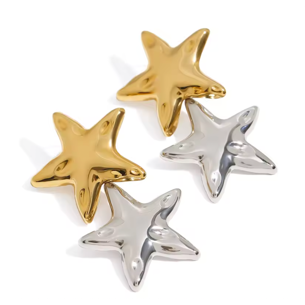 Two Tone Large Double Star Dangling Earrings - Pair - Stainless Steel