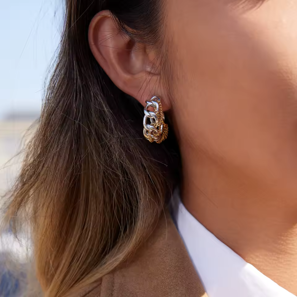 Two Tone Chain Hoop Earrings - Pair - Stainless Steel