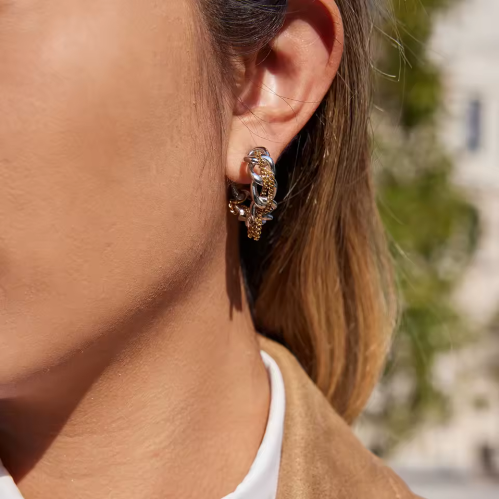 Two Tone Chain Hoop Earrings - Pair - Stainless Steel