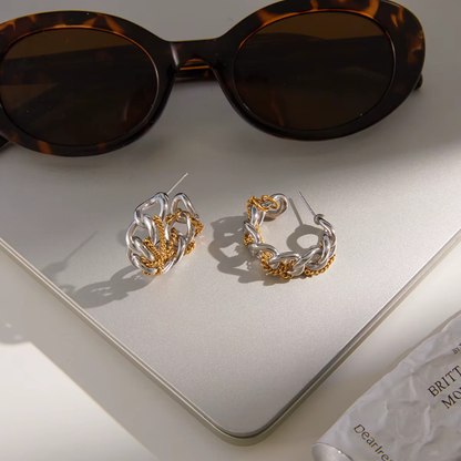 Two Tone Chain Hoop Earrings - Pair - Stainless Steel