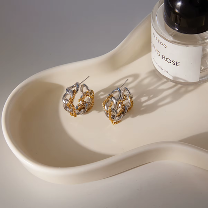 Two Tone Chain Hoop Earrings - Pair - Stainless Steel