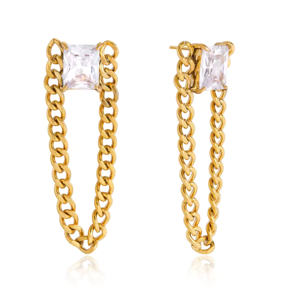 Square Crystal with Dangling Chain Earrings - Pair - 18K Gold Plated Stainless Steel