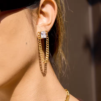 Square Crystal with Dangling Chain Earrings - Pair - 18K Gold Plated Stainless Steel