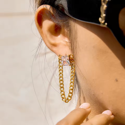 Square Crystal with Dangling Chain Earrings - Pair - 18K Gold Plated Stainless Steel