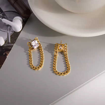 Square Crystal with Dangling Chain Earrings - Pair - 18K Gold Plated Stainless Steel