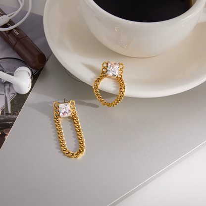 Square Crystal with Dangling Chain Earrings - Pair - 18K Gold Plated Stainless Steel
