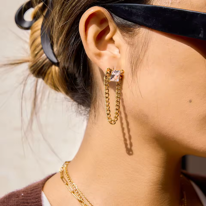 Square Crystal with Dangling Chain Earrings - Pair - 18K Gold Plated Stainless Steel