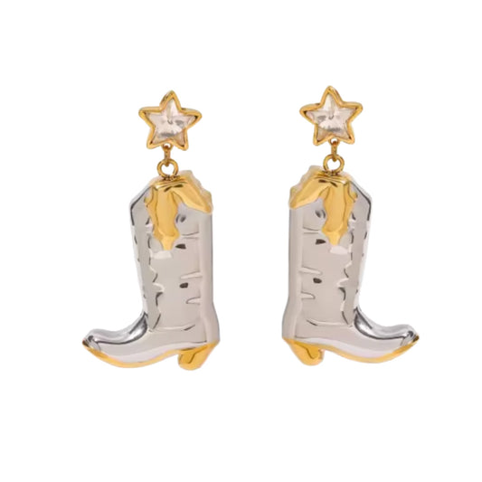 Two Tone Crystal Star and Cowboy Boot Dangling Earrings - Pair - Stainless Steel