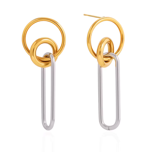 Two Tone Double Loop with Dangling Oval Earrings - Pair - 18K Gold Plated Stainless Steel