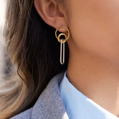 Two Tone Double Loop with Dangling Oval Earrings - Pair - 18K Gold Plated Stainless Steel