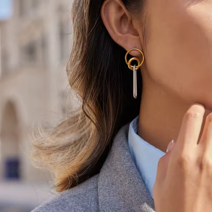 Two Tone Double Loop with Dangling Oval Earrings - Pair - 18K Gold Plated Stainless Steel