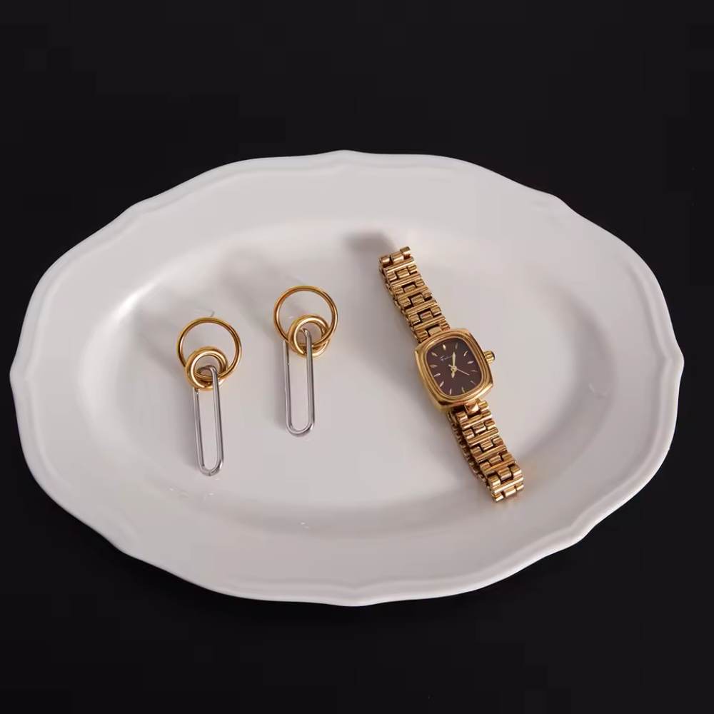 Two Tone Double Loop with Dangling Oval Earrings - Pair - 18K Gold Plated Stainless Steel