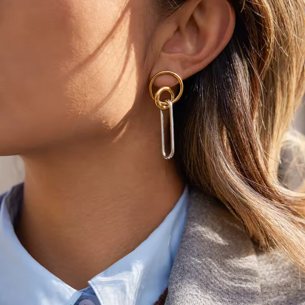Two Tone Double Loop with Dangling Oval Earrings - Pair - 18K Gold Plated Stainless Steel