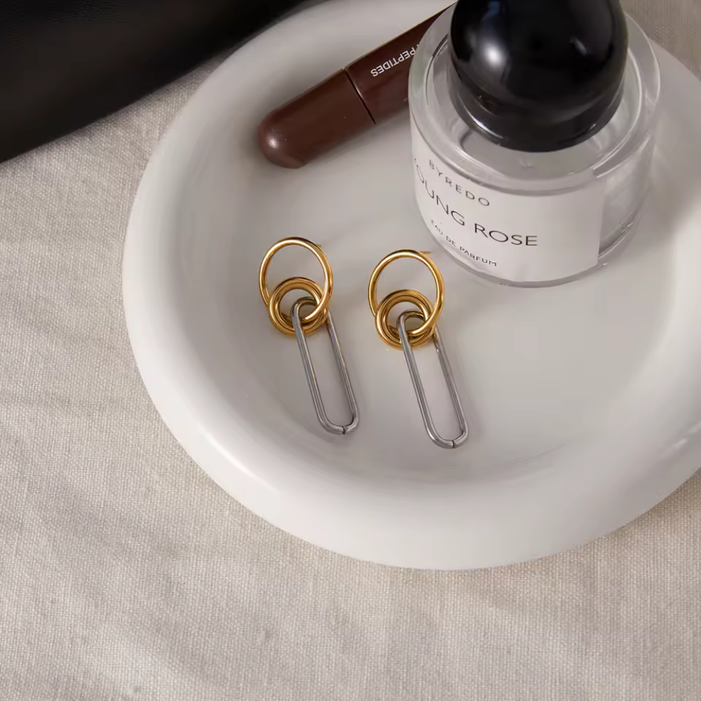 Two Tone Double Loop with Dangling Oval Earrings - Pair - 18K Gold Plated Stainless Steel