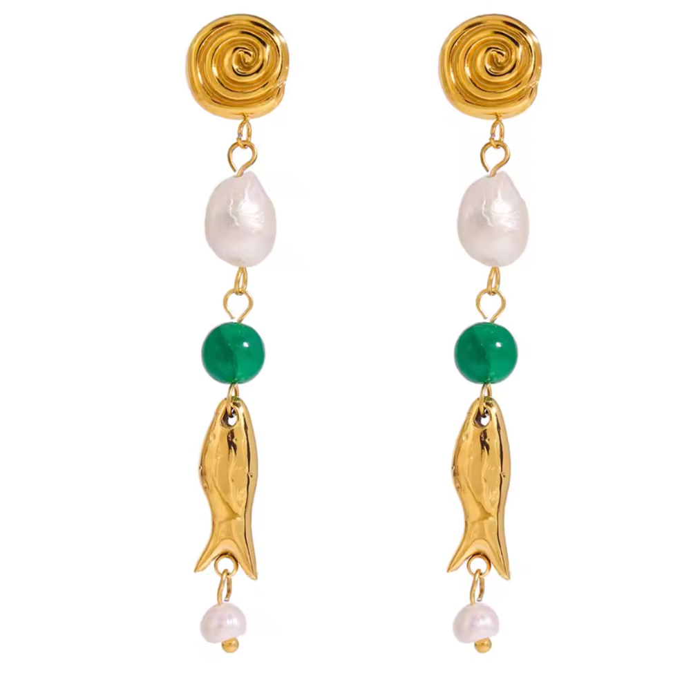 Synthetic Pearl, Green Bead, and Fish Charm Drop Earrings - Pair - Gold Plated Stainless Steel