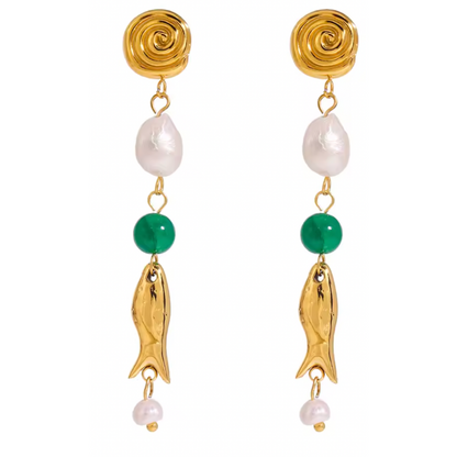 Synthetic Pearl, Green Bead, and Fish Charm Drop Earrings - Pair - Gold Plated Stainless Steel