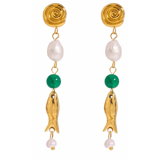 Synthetic Pearl, Green Bead, and Fish Charm Drop Earrings - Pair - Gold Plated Stainless Steel