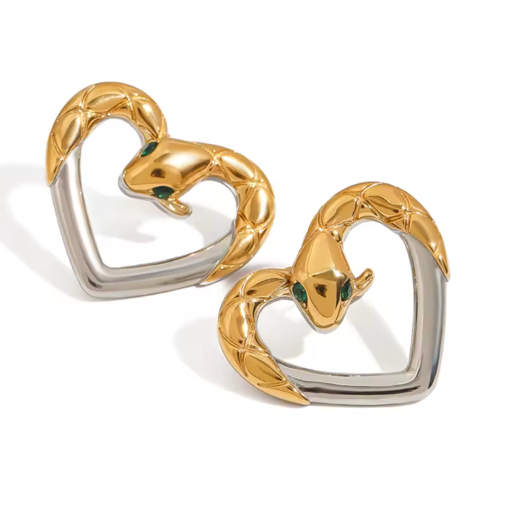 Snake Heart Outline Stud Earrings - Pair - Stainless Steel