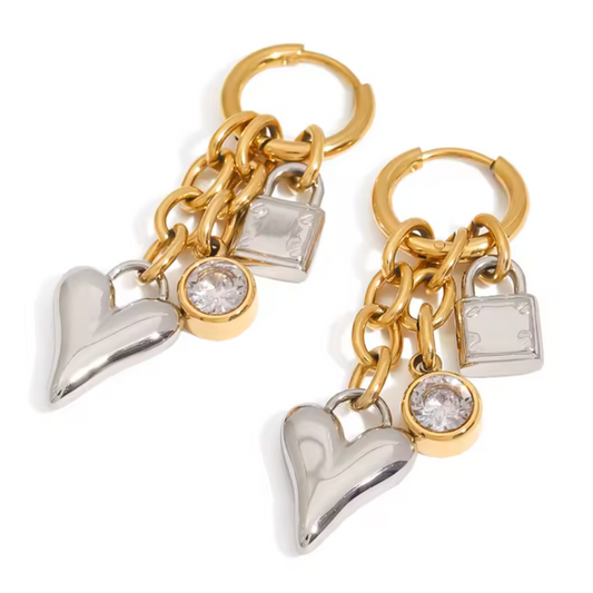 Two Tone Heart and Lock Charms Dangling Huggie Hoop Earrings - Pair - Stainless Steel