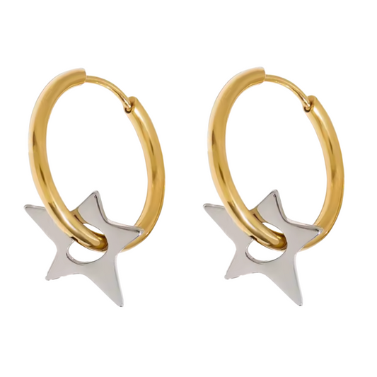 Two Tone Star Hoop Earrings - Pair - Stainless Steel