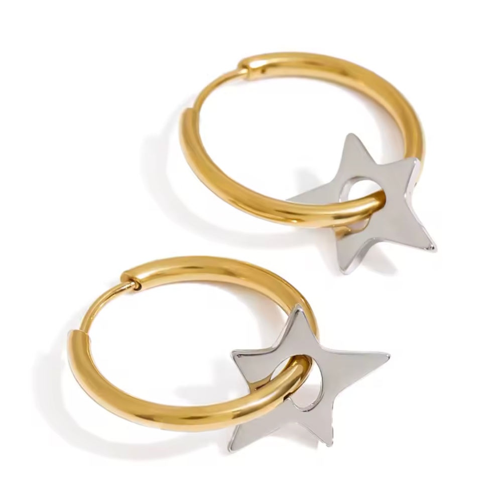 Two Tone Star Hoop Earrings - Pair - Stainless Steel