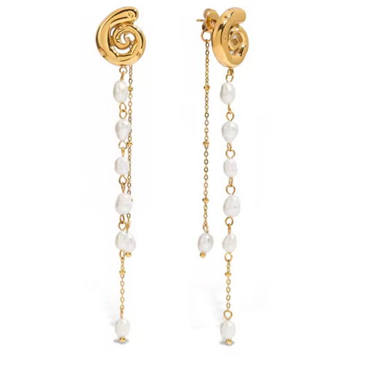 Spiral, Synthetic Pearl, and Chain Drop Earrings - Pair - Gold Plated Stainless Steel
