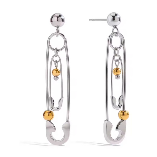 Two Tone Double Safety Pin Dangling Earrings - Pair - Stainless Steel