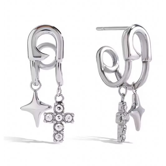 Safety Pin Hoops with Dangling Cross and Star Charms - Pair - Stainless Steel