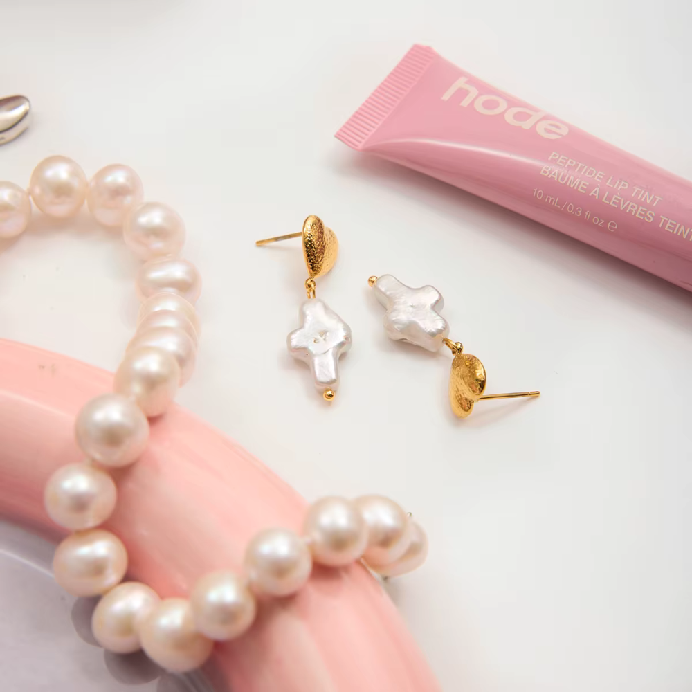 Heart and Simulated Pearl Cross Dangling Earrings - Pair - 18K Gold Plated Stainless Steel