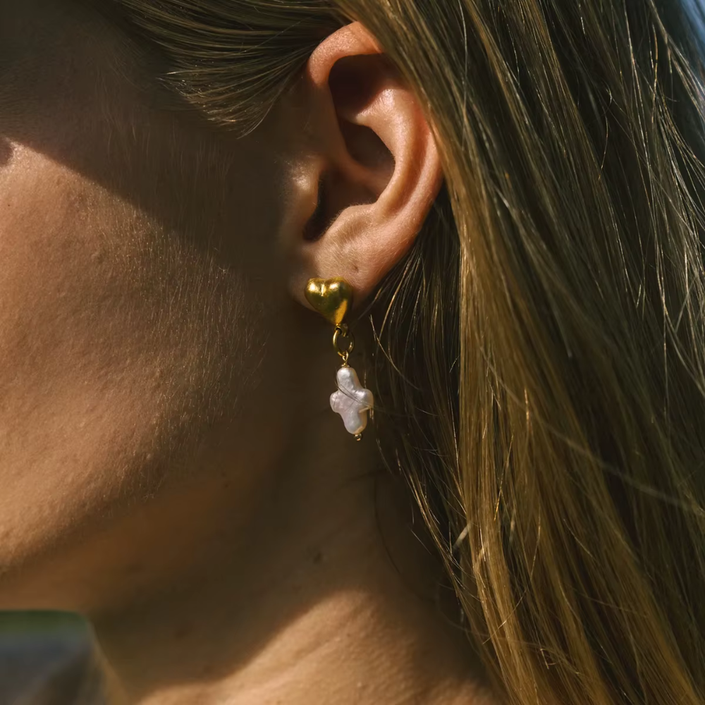 Heart and Simulated Pearl Cross Dangling Earrings - Pair - 18K Gold Plated Stainless Steel