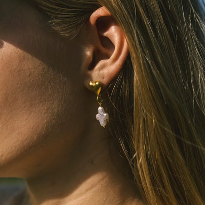 Heart and Simulated Pearl Cross Dangling Earrings - Pair - 18K Gold Plated Stainless Steel