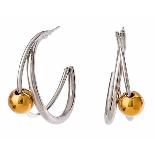 Double Hoop with Golden Ball Earrings - Pair - Stainless Steel