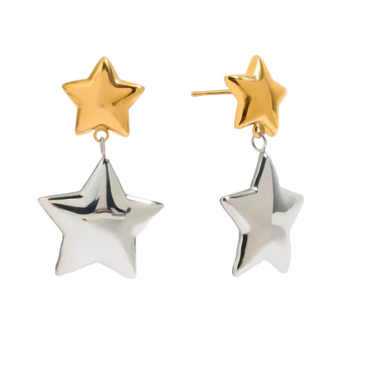Two Tone Double Star Dangling Earrings - Pair - Stainless Steel