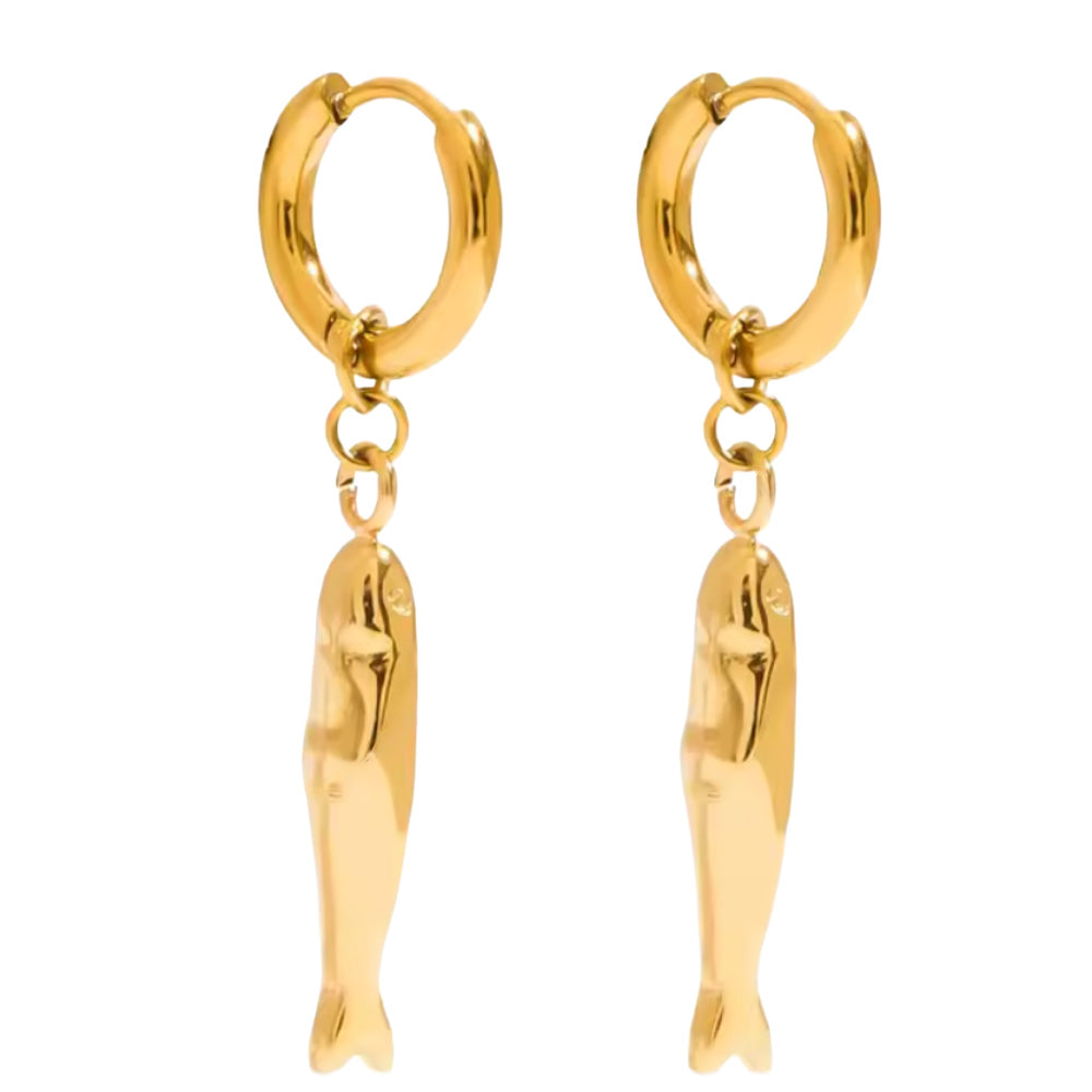 Sardine Fish Dangling Huggie Hoop Earrings - Pair - 18K Gold Plated Stainless Steel