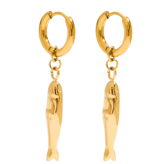 Sardine Fish Dangling Huggie Hoop Earrings - Pair - 18K Gold Plated Stainless Steel