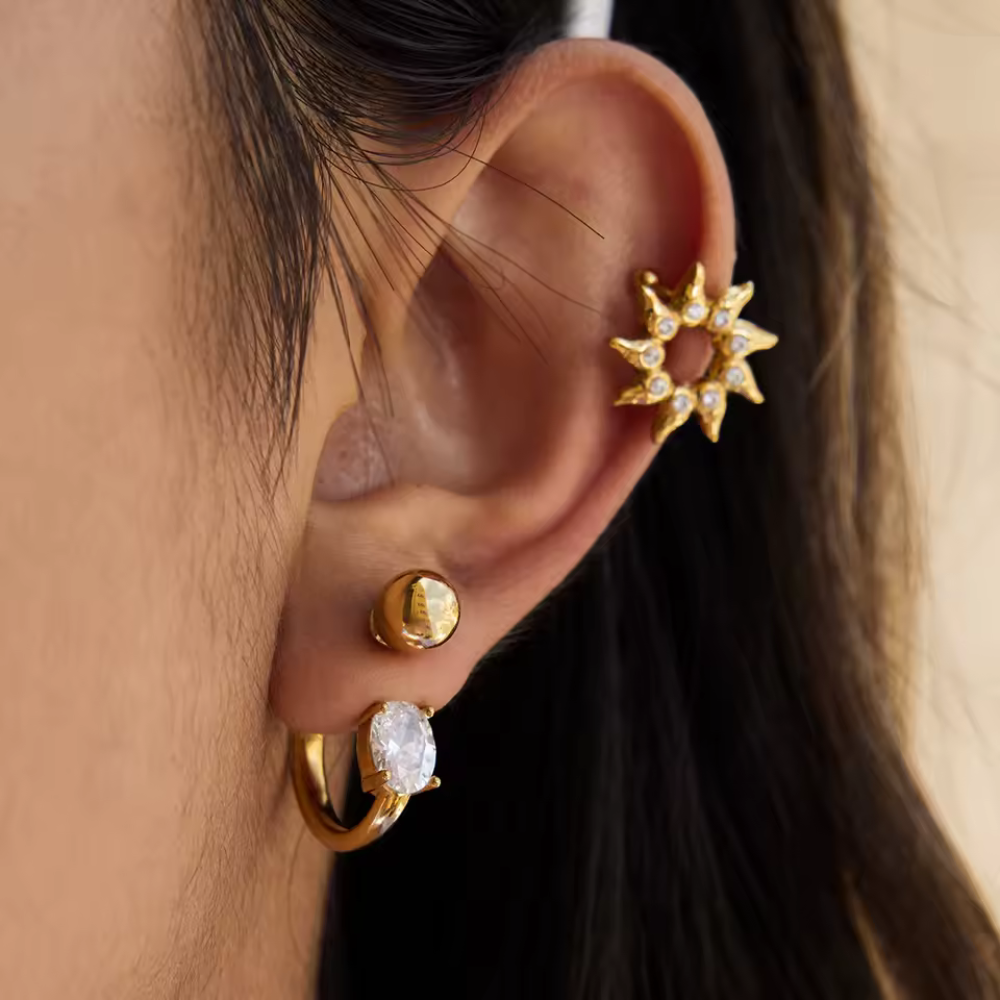 Crystal and Ball End Horseshoe Barbell Style Hoop Earrings - Pair