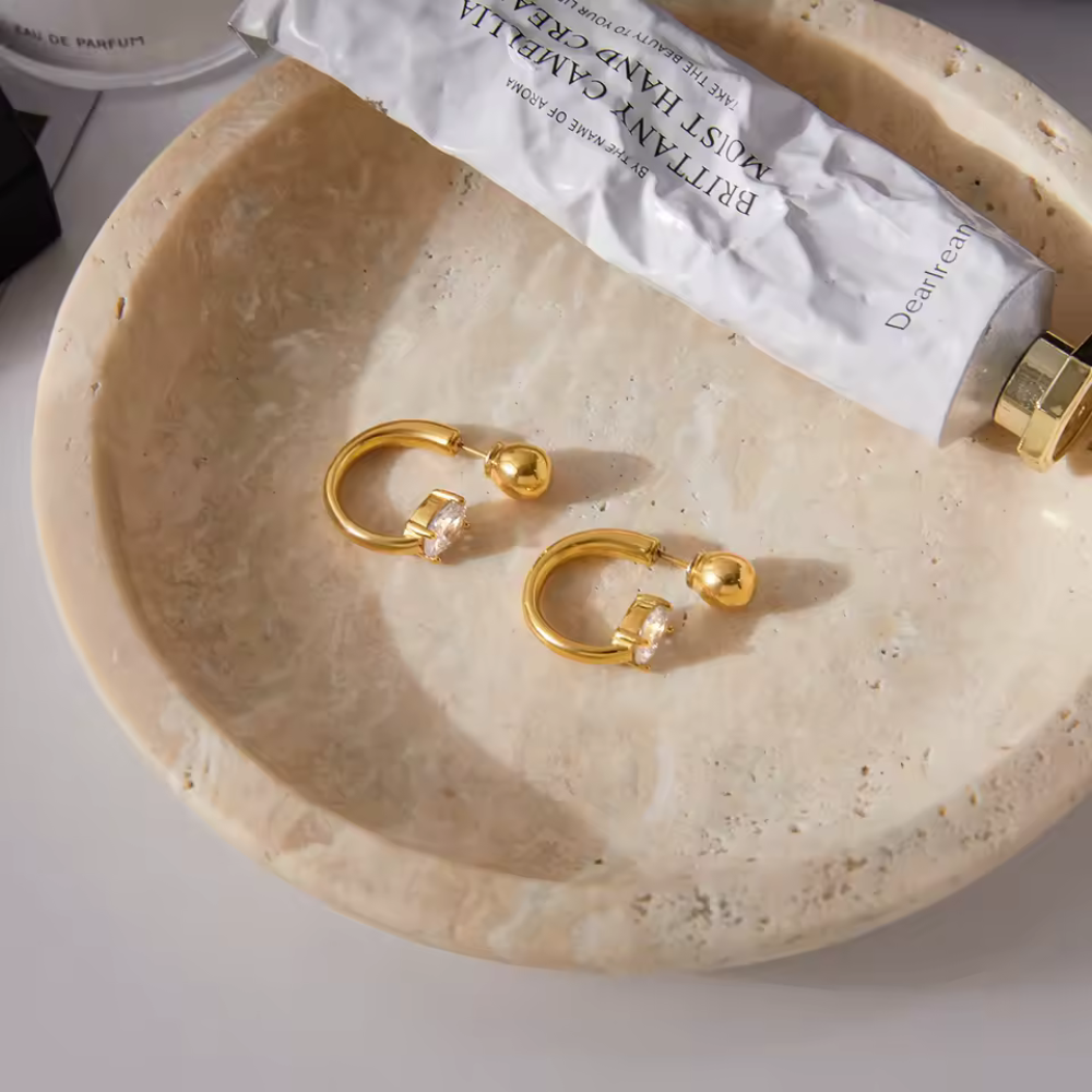 Crystal and Ball End Horseshoe Barbell Style Hoop Earrings - Pair
