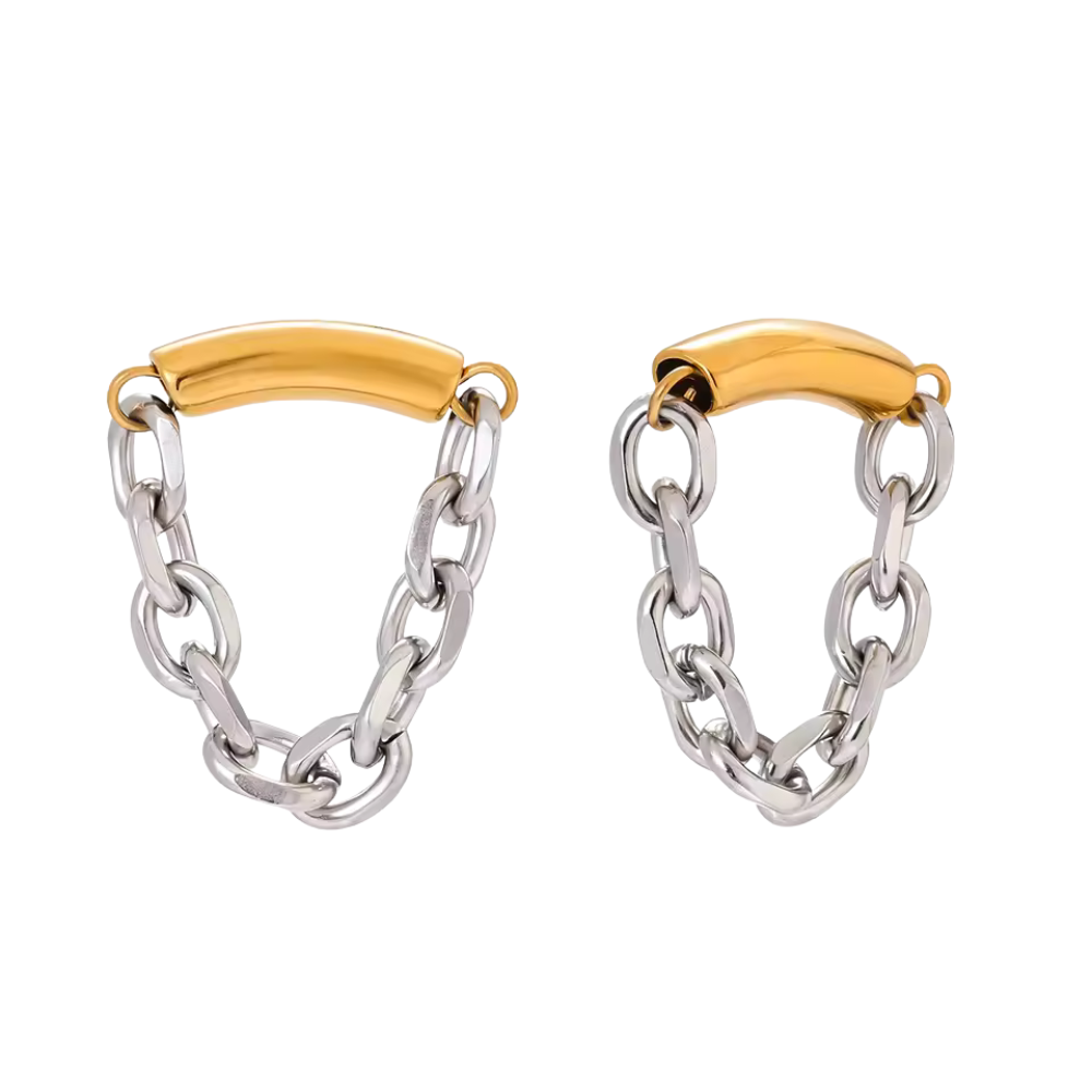 Two Tone Dangling Chain Earrings - Pair - 18K Gold Plated Stainless Steel