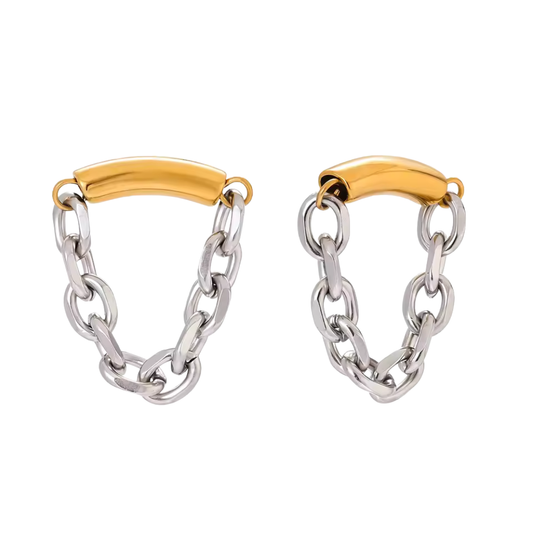 Two Tone Dangling Chain Earrings - Pair - 18K Gold Plated Stainless Steel