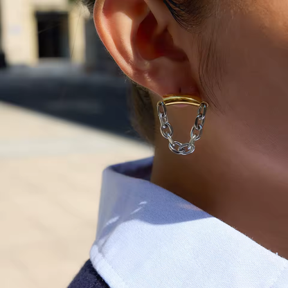 Two Tone Dangling Chain Earrings - Pair - 18K Gold Plated Stainless Steel