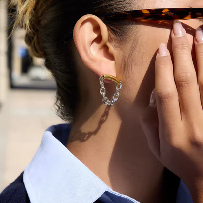Two Tone Dangling Chain Earrings - Pair - 18K Gold Plated Stainless Steel