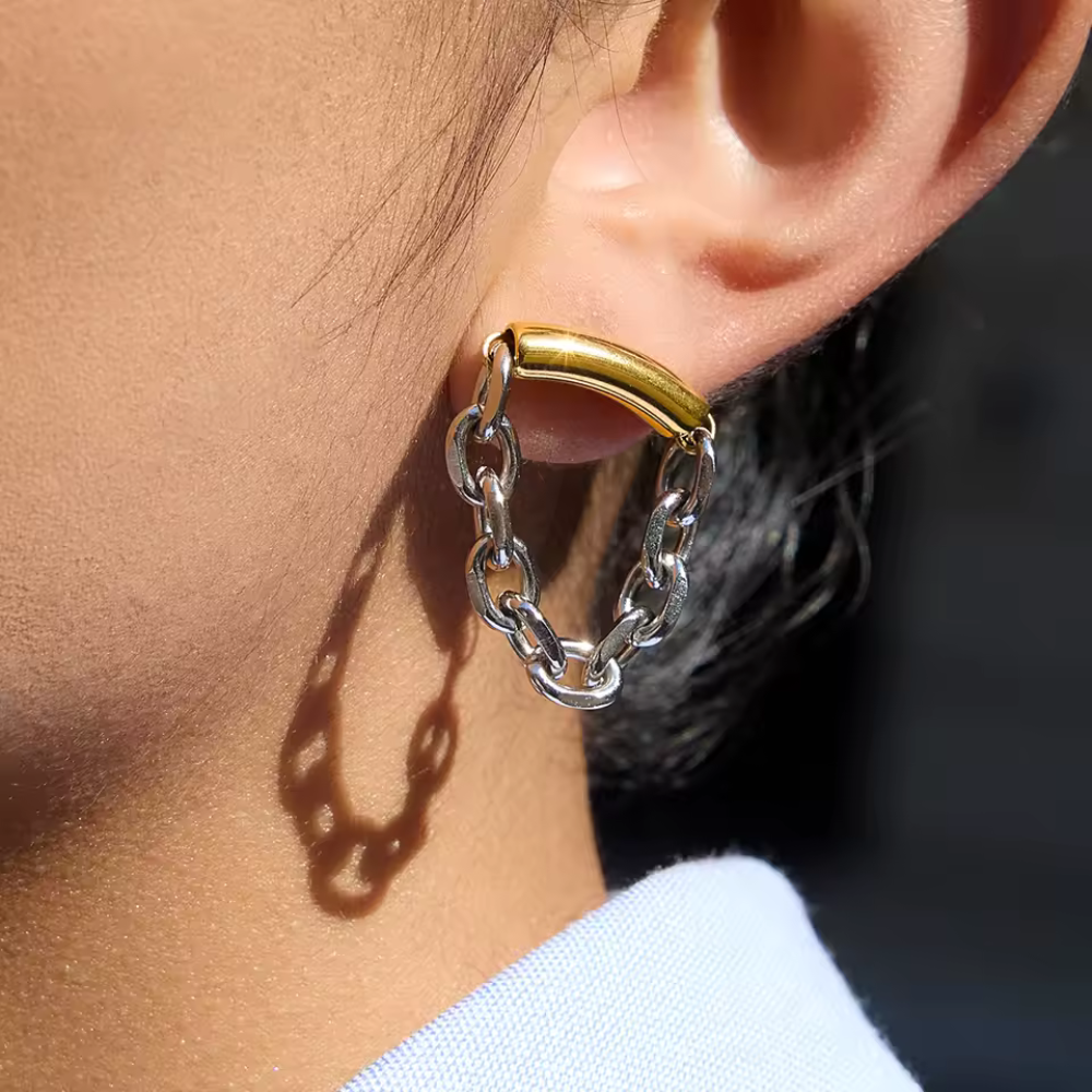 Two Tone Dangling Chain Earrings - Pair - 18K Gold Plated Stainless Steel