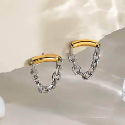Two Tone Dangling Chain Earrings - Pair - 18K Gold Plated Stainless Steel