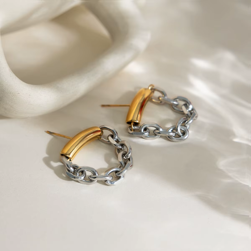 Two Tone Dangling Chain Earrings - Pair - 18K Gold Plated Stainless Steel