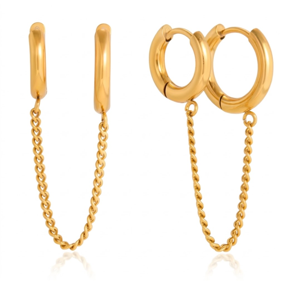Connecting Chain Double Huggie Hoop Earrings - Pair - Stainless Steel
