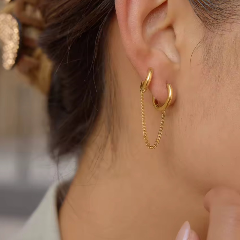 Connecting Chain Double Huggie Hoop Earrings - Pair - Stainless Steel