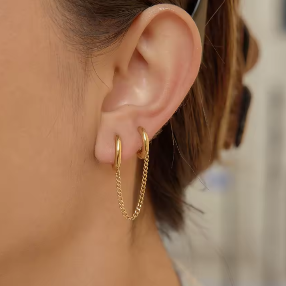 Connecting Chain Double Huggie Hoop Earrings - Pair - Stainless Steel