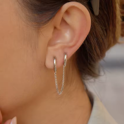 Connecting Chain Double Huggie Hoop Earrings - Pair - Stainless Steel