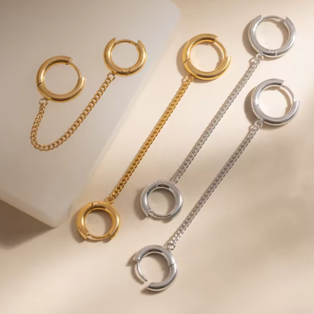 Connecting Chain Double Huggie Hoop Earrings - Pair - Stainless Steel